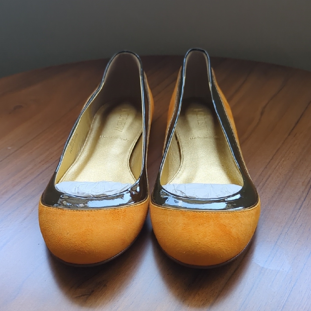 J. Crew Mustard Yellow Suede Flats with Brown Patent Trim